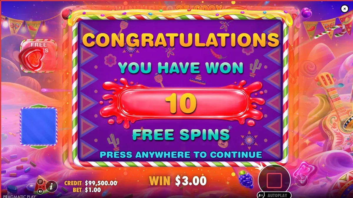 Tampilan layar permainan slot Sweet Fiesta 1000 dengan gulungan penuh permen dan latar belakang karnaval Meksiko yang cerah.