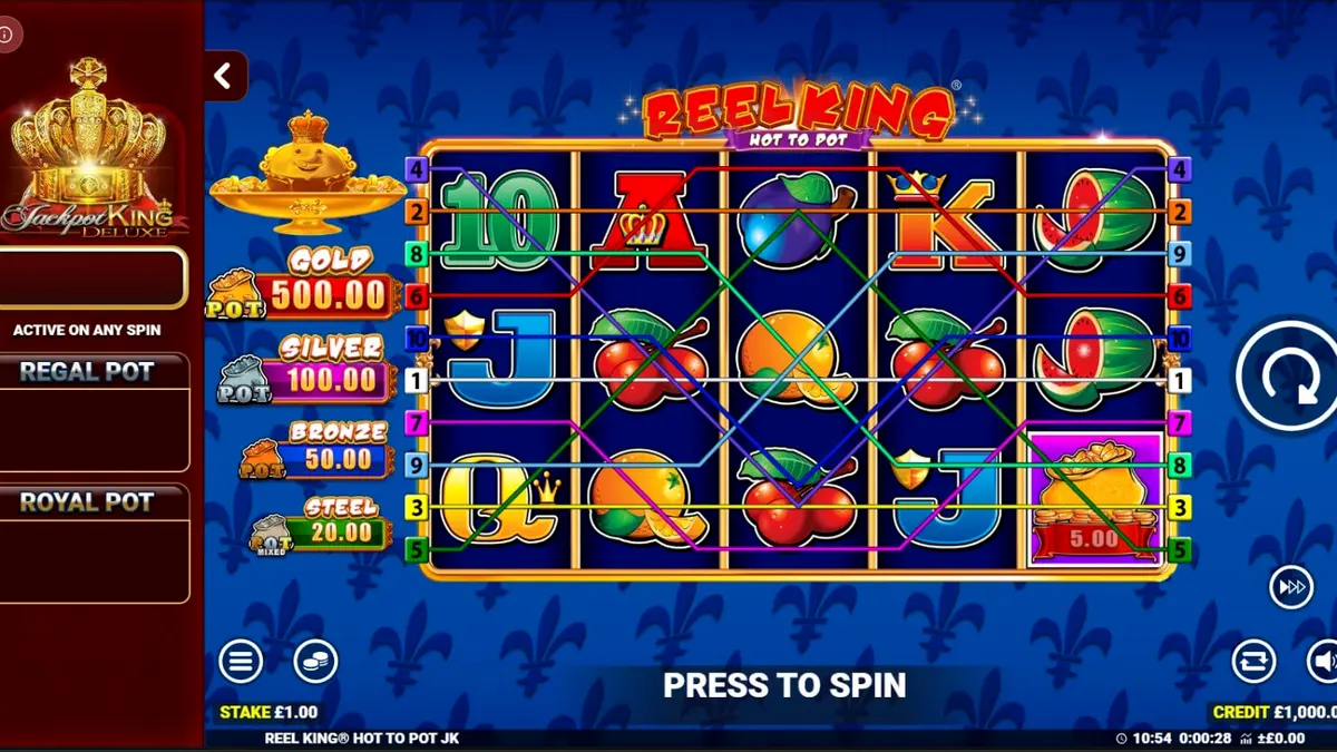 Reel King: Hot to Pot slot machine interface with royal symbols