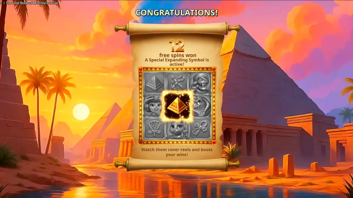 Tampilan visual slot The Lost Book of Mummy’s Curse dengan tema Mesir kartun